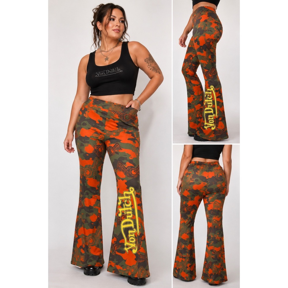 Von Dutch Orange Camo Flying Eyeball Flare Leg Pants Y2K Streetwear 2X